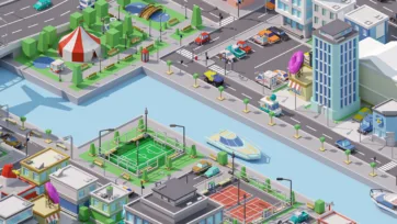 Low poly city scene with public park featuring circus tent, recreational facilities, sports courts, and community entertainment areas