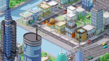 Isometric city view with prominent burger restaurant, waterfront location, modern towers, and commercial district development