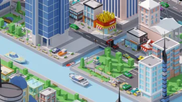 3D urban scene featuring fast food restaurant with french fries signage, green park spaces, and mixed commercial-residential development
