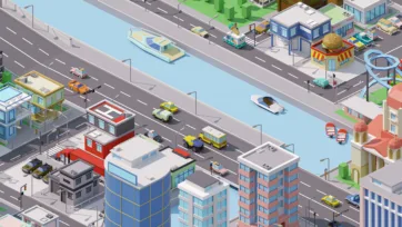 Low poly city scene with canal system, boat transportation, residential buildings along waterway, and integrated water-based urban planning