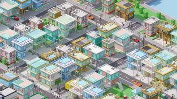 Isometric residential neighborhood with modern houses featuring rooftop pools, contemporary architecture, and upscale suburban development