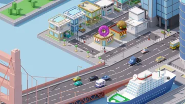 3D city scene with suspension bridge, distinctive donut shop building, residential waterfront area, and unique architectural landmarks