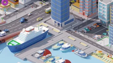 Low poly harbor scene featuring large cruise ship, city waterfront, port facilities, and maritime urban infrastructure