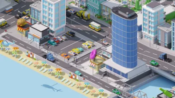 Isometric city street scene with beachfront area, restaurant with giant burger sign, coastal urban development, and recreational facilities