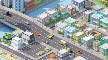 3D city waterfront featuring modern residential houses, canal system, urban water features, and contemporary housing development