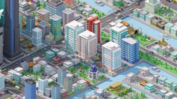 Low poly city downtown area with modern high-rise buildings, dense urban development, and detailed street-level infrastructure