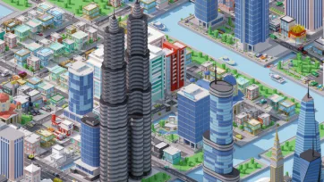 Isometric urban development scene with residential towers, mixed housing, waterways, and comprehensive city planning infrastructure