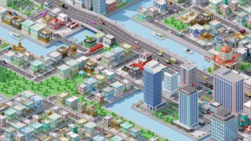 Low poly city neighborhood showing residential houses, community areas, local infrastructure, and small-scale urban development patterns