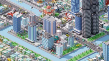 Isometric city view featuring residential area with traditional church, mixed-use buildings, and diverse architectural styles in urban setting