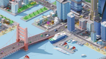 3D city scene with suspension bridge, harbor cruise terminal, large passenger ship, and detailed waterfront urban development