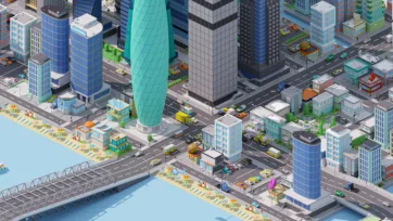 Low poly urban scene at street level showing detailed city blocks, modern skyscrapers, busy traffic, and comprehensive city infrastructure