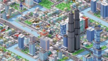 3D low poly city pack displaying residential neighborhood with iconic twin spiral towers, mixed housing, and comprehensive urban planning layout