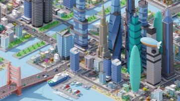 Isometric 3D city model showcasing business district with twin towers, harbor area with cruise ship, and mixed-use urban development