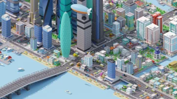 Low poly 3D city scene featuring downtown financial district with glass towers, curved skyscraper, marina area, and urban waterfront development