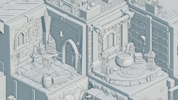 Detailed wireframe technical drawing of medieval dungeon and magical potion brewing room showing 3D model structure and geometric construction