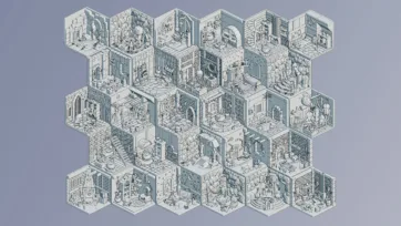 Technical wireframe blueprint view of Magic Rooms 3D package showing all 28 isometric fantasy rooms in detailed line art style for developers and designers