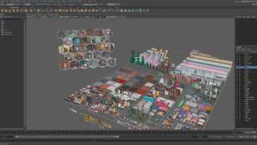 Blender 3D workspace showing complete Magic Rooms asset library with hexagonal room collection, extensive material swatches, and organized scene hierarchy for game development