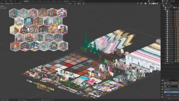 Cinema 4D viewport displaying Magic Rooms 3D package with isometric room collection and expanded asset library for game development