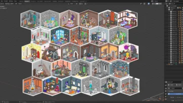 Blender 3D software interface showing Magic Rooms package with hexagonal room layout and detailed object hierarchy in modeling workspace