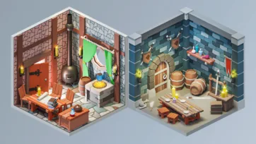 Active medieval blacksmith workshop with forge and anvil alongside tavern storage room with wooden barrels and supplies