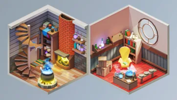 Multi-level attic workshop with spiral staircase and potion bottles paired with detailed ship cabin featuring nautical elements