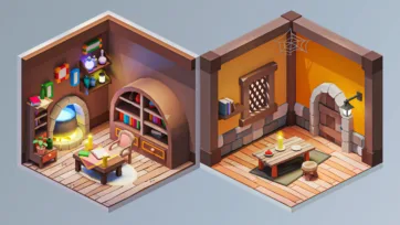 Cozy hobbit-style home with curved shelves and warm lighting next to stark medieval prison cell with barred windows