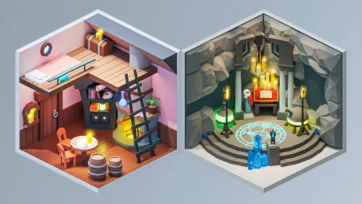 Warm wooden loft bedroom with ladder access and dark underground ritual chamber with glowing magical circle and candles