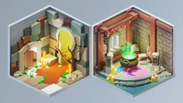 Golden treasure chamber with glowing artifacts and medieval potion brewing room with bubbling green cauldron and magical ingredients