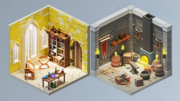 Bright golden library with tall gothic windows and wooden furniture next to stone cellar storage room with barrels and torches