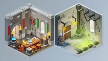 Grand castle hall with wooden table and banners alongside dark dungeon prison with chains and stone walls