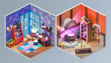 Bright children's nursery with colorful tile walls and medieval alchemist kitchen with bubbling cauldron and cooking hearth