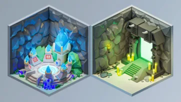 Magical crystal temple with glowing blue formations and underground shrine chamber with green lighting and mystical altar