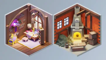 Warm medieval library with arched windows and bookshelves paired with active blacksmith forge featuring anvil and brick oven