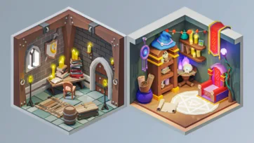 Medieval stone dungeon with chains and prison elements next to colorful wizard tower room with magical books and pentagram circle