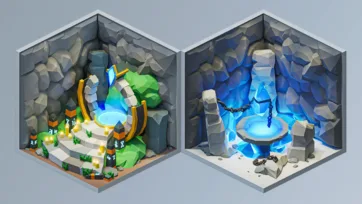 Two mystical underground cavern rooms with glowing magical pools, crystal formations, and stone architecture in green and blue color schemes