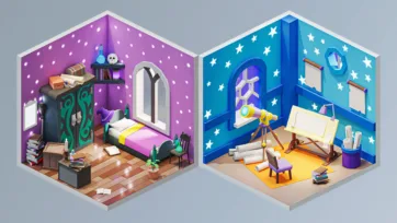 Two detailed isometric 3D rooms: purple wizard bedroom with skull decorations and blue astronomy study with telescope and star charts