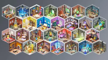 Complete overview of Magic Rooms 3D low-poly package showing 28 detailed isometric fantasy room designs including wizard towers, dungeons, libraries, and magical chambers