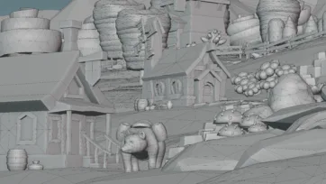 Fantasy 3D low poly wireframe view of village scene with bull creature and medieval buildings