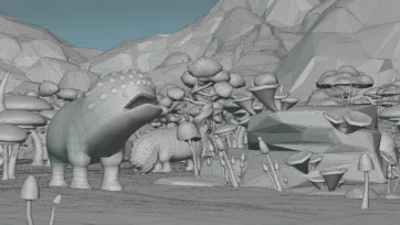 Fantasy 3D low poly wireframe view of dinosaur scene with mushrooms and mountain landscape
