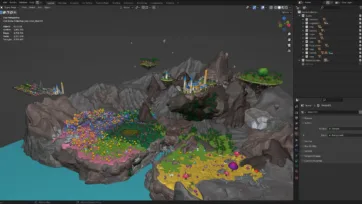 Blender software interface displaying complete fantasy 3D low poly world with detailed scene hierarchy