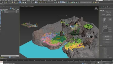 3ds Max software interface showing fantasy 3D low poly scene with magical islands and structures