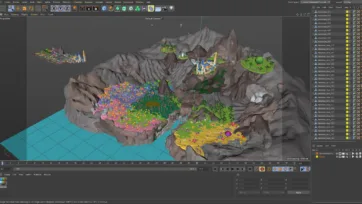 Blender 3D software viewport displaying fantasy low poly world with castles and floating terrain
