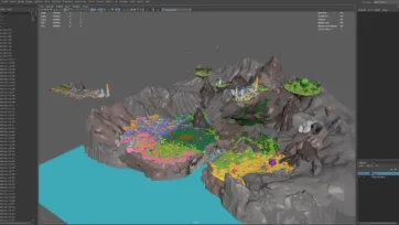 Maya 3D software viewport showing fantasy low poly scene with floating islands and magical landscapes