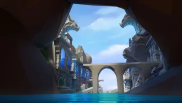 Fantasy 3D low poly underground cavern with carved dragon heads and ancient stone architecture