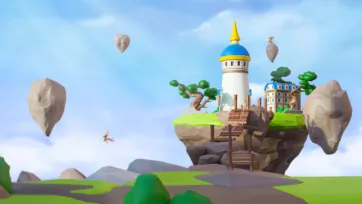 Fantasy 3D low poly floating island with lighthouse tower, castle and wooden bridges