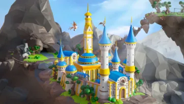 Fantasy 3D low poly mountain castle with blue and yellow towers, flying birds and rocky terrain