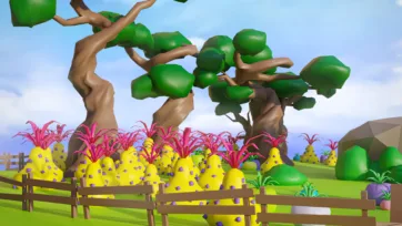 Fantasy 3D low poly tropical pineapple farm with stylized fruit trees and wooden fencing