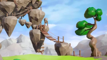 Fantasy 3D low poly mountain adventure scene with rope bridge connecting rocky cliffs