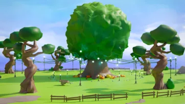 Fantasy 3D low poly magical meadow with giant tree decorated with fairy lights and fence