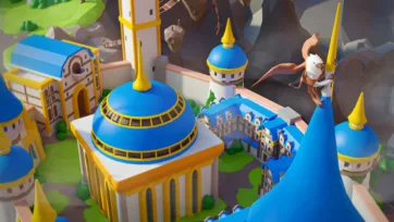 Fantasy 3D low poly ornate castle complex with blue domed towers and golden accents